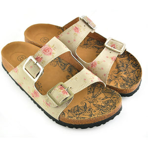 Beige and Pink Roses, Green Leaf Patterned Sandal - CAL209