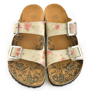 Beige and Pink Roses, Green Leaf Patterned Sandal - CAL209