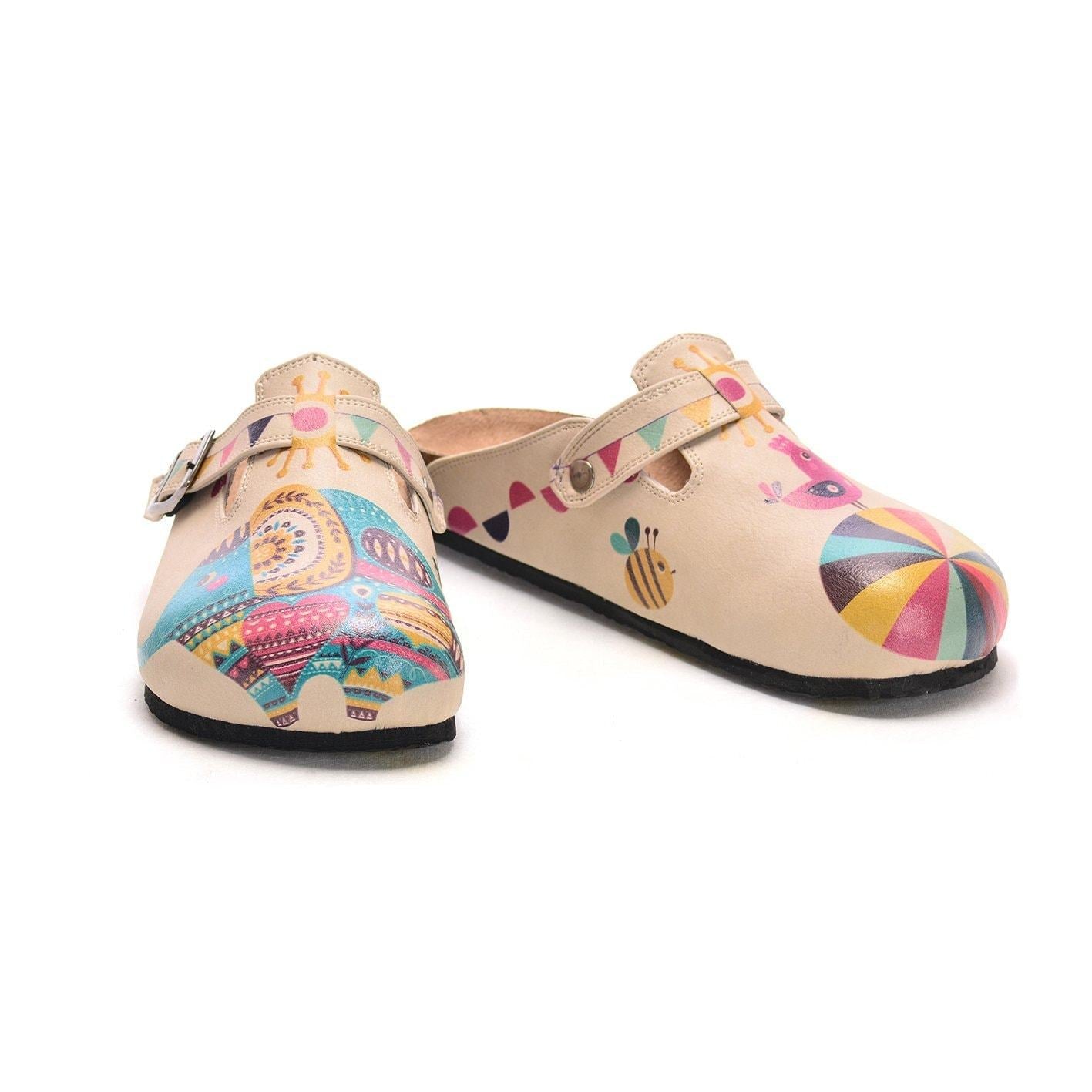 Blue, Pink Orange Color Elephant and Rainbow Round Ball and Purple Bird Patterned Clogs - CAL301