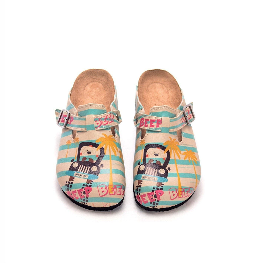 Blue and Cream Strip Pattern and Car Driver Dog, Beep, Patterned Clogs - CAL302