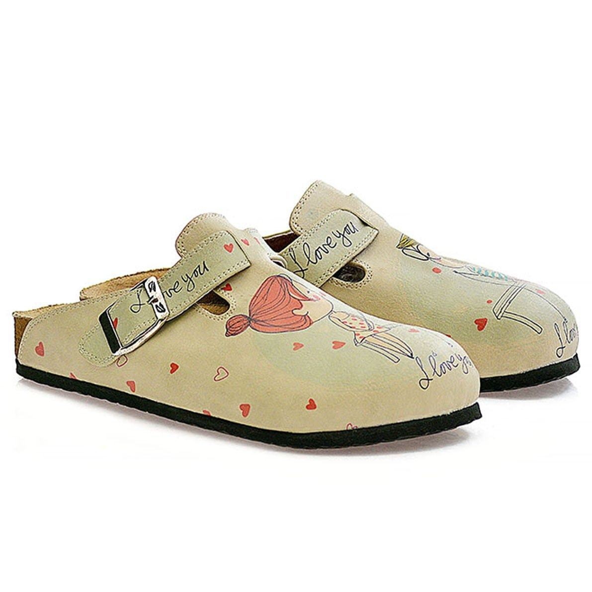Cream Color, Red Heart Men and Women Love, I Love You Written Patterned Clogs - CAL307