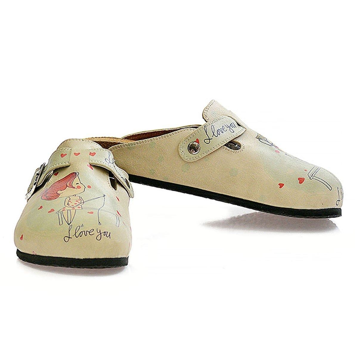 Cream Color, Red Heart Men and Women Love, I Love You Written Patterned Clogs - CAL307