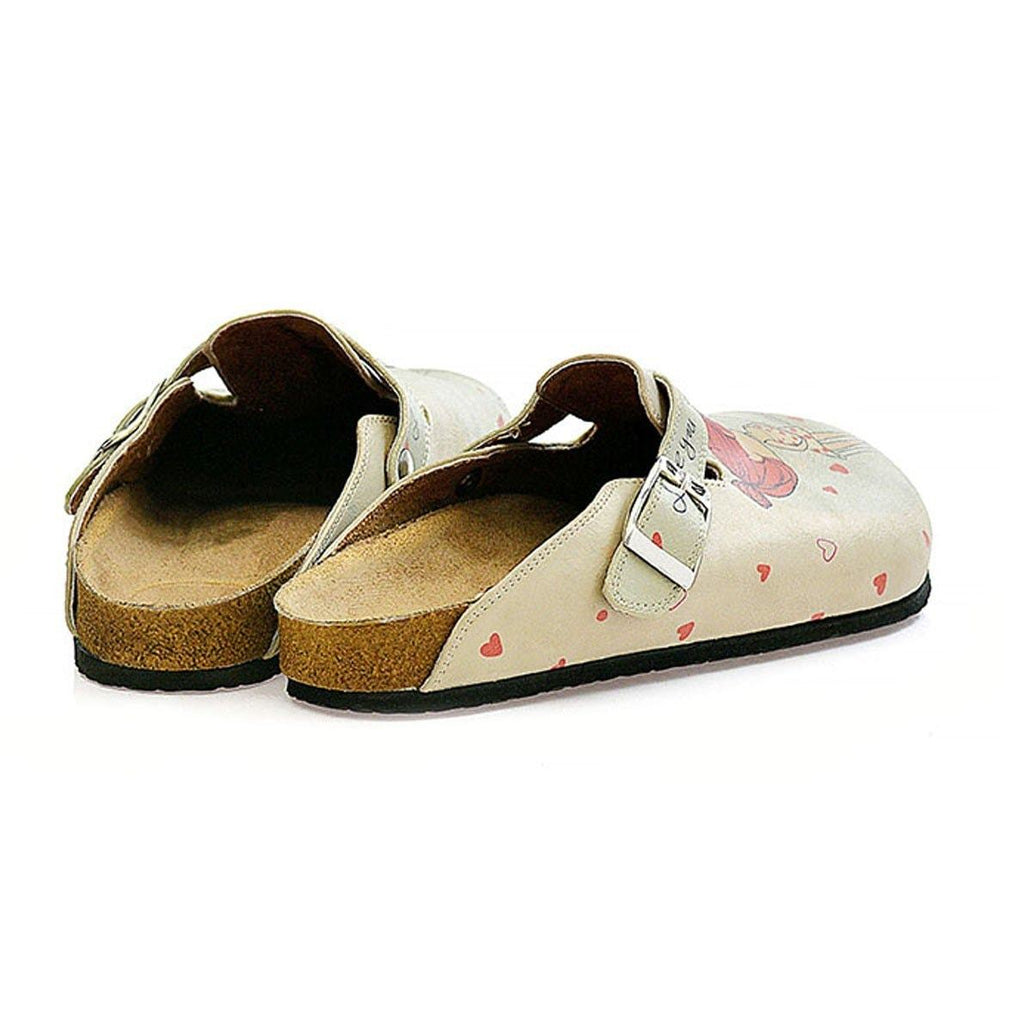 Cream Color, Red Heart Men and Women Love, I Love You Written Patterned Clogs - CAL307