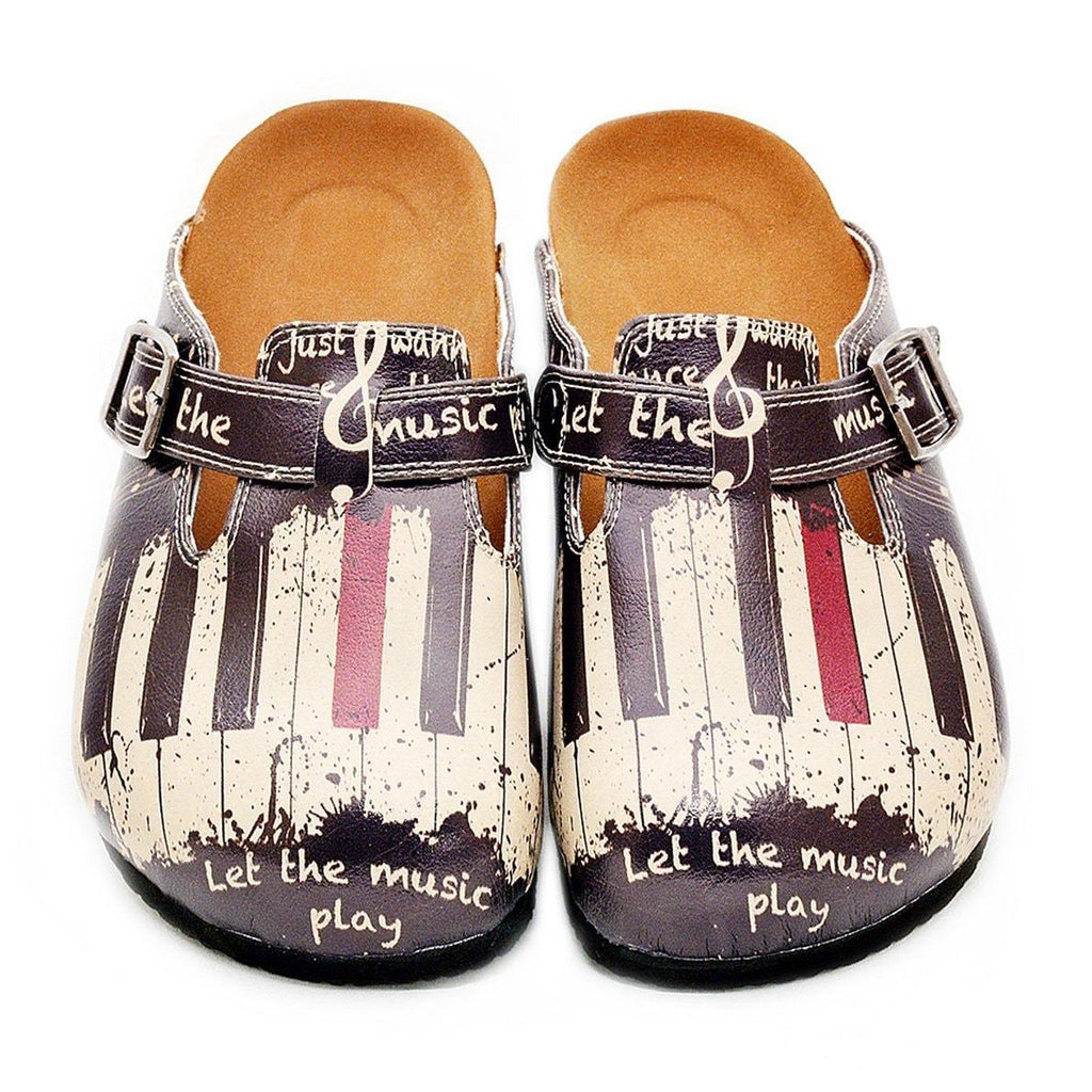 Black and White, Red Piano Pattern and Let the Music Play Written Patterned Clogs - CAL311