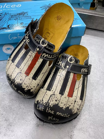 Black and White, Red Piano Pattern and Let the Music Play Written Patterned Clogs - CAL311