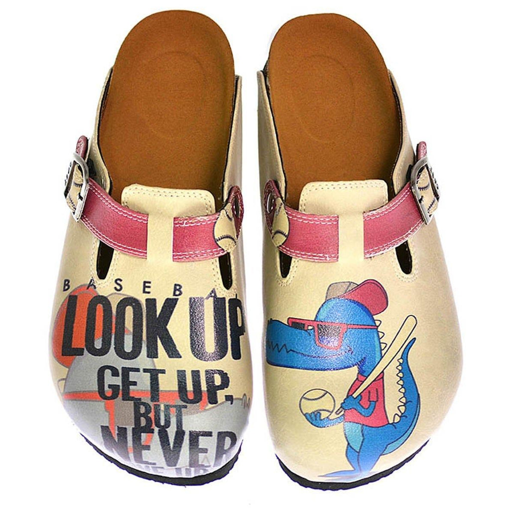 Cream Color and Blue Dinosaur Picture, Look Up Get Up But Never Written Patterned Clogs - CAL312