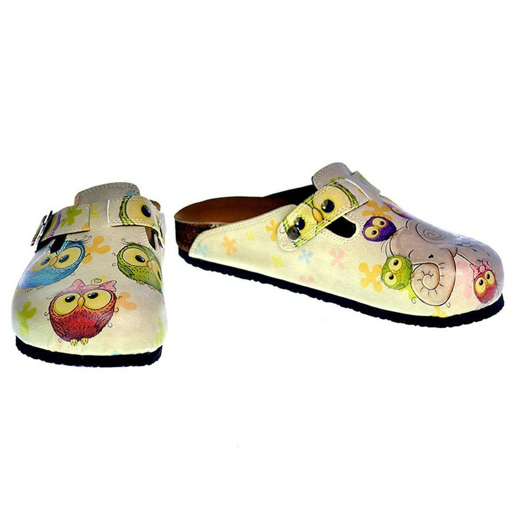 Cream Color and Colorful Owl and Cute Elephant Patterned Clogs - CAL315