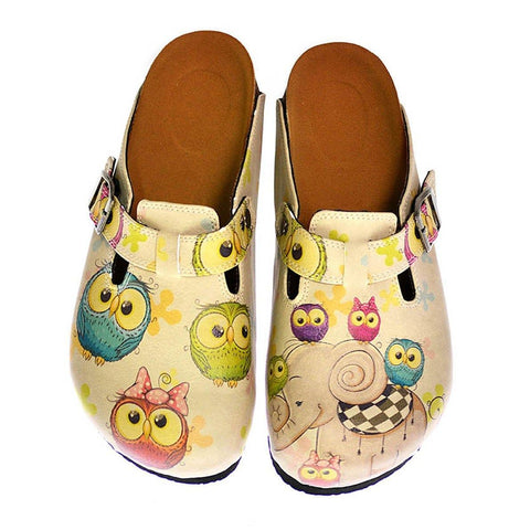 Cream Color and Colorful Owl and Cute Elephant Patterned Clogs - CAL315