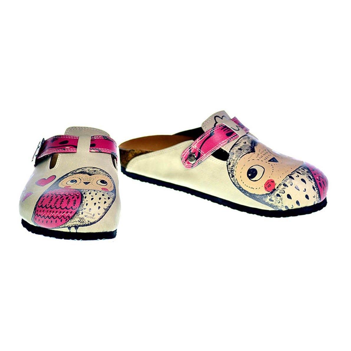 Cream and Pink Love Owl Patterned Clogs - CAL316