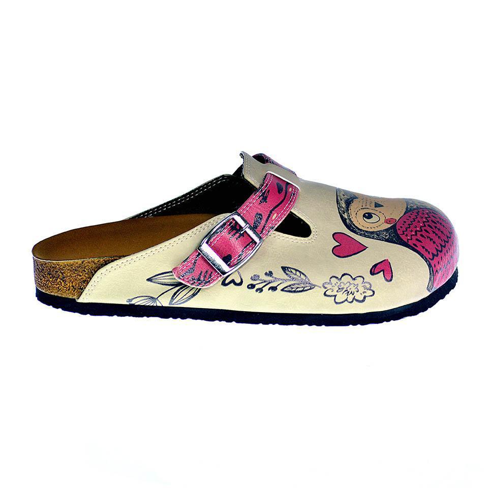 Cream and Pink Love Owl Patterned Clogs - CAL316
