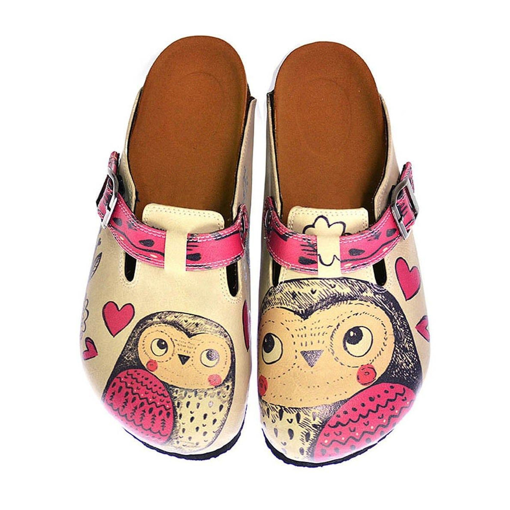 Cream and Pink Love Owl Patterned Clogs - CAL316