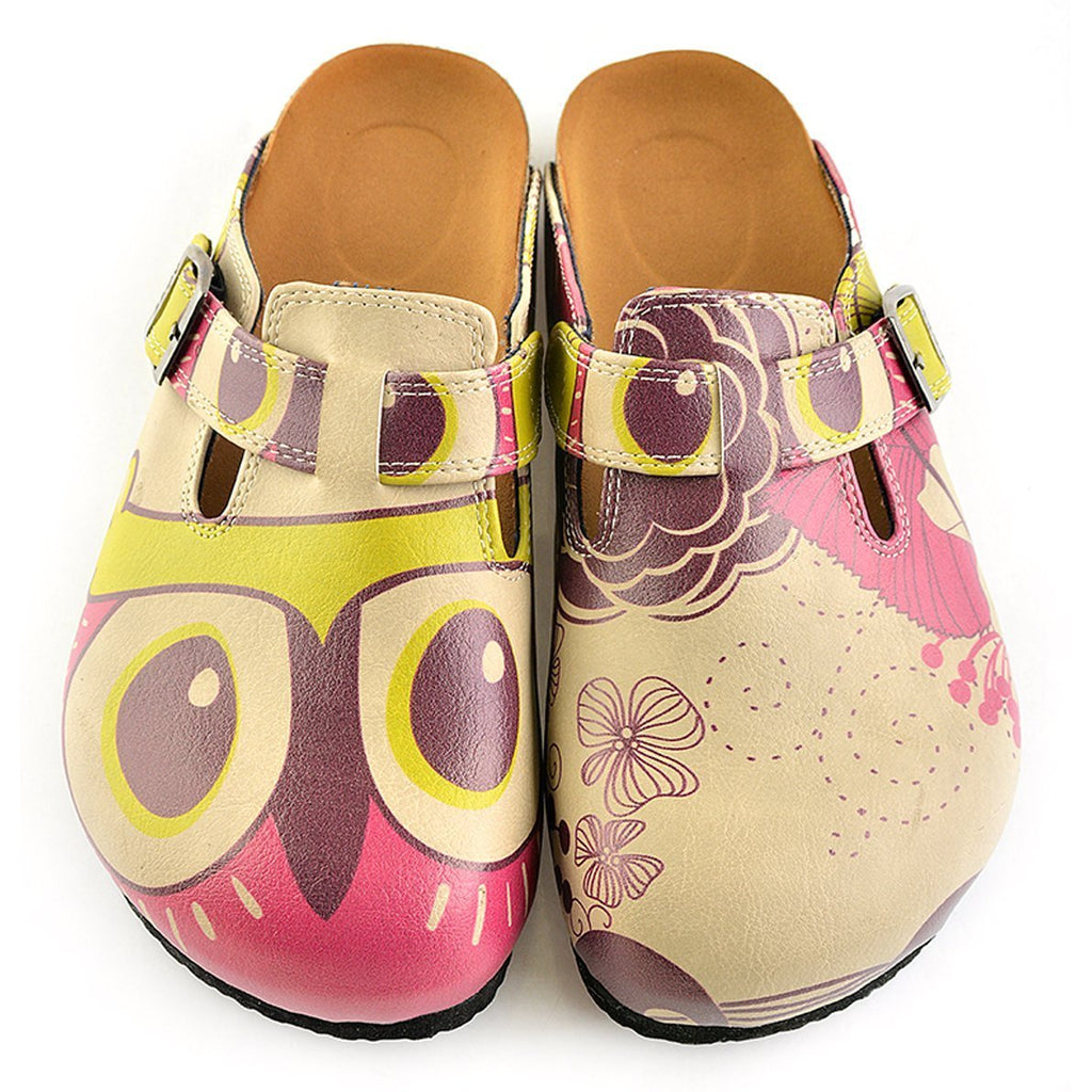 Pink, Cream, Purple and Cute Owl and Colorful Flowers Patterned Clogs - CAL317