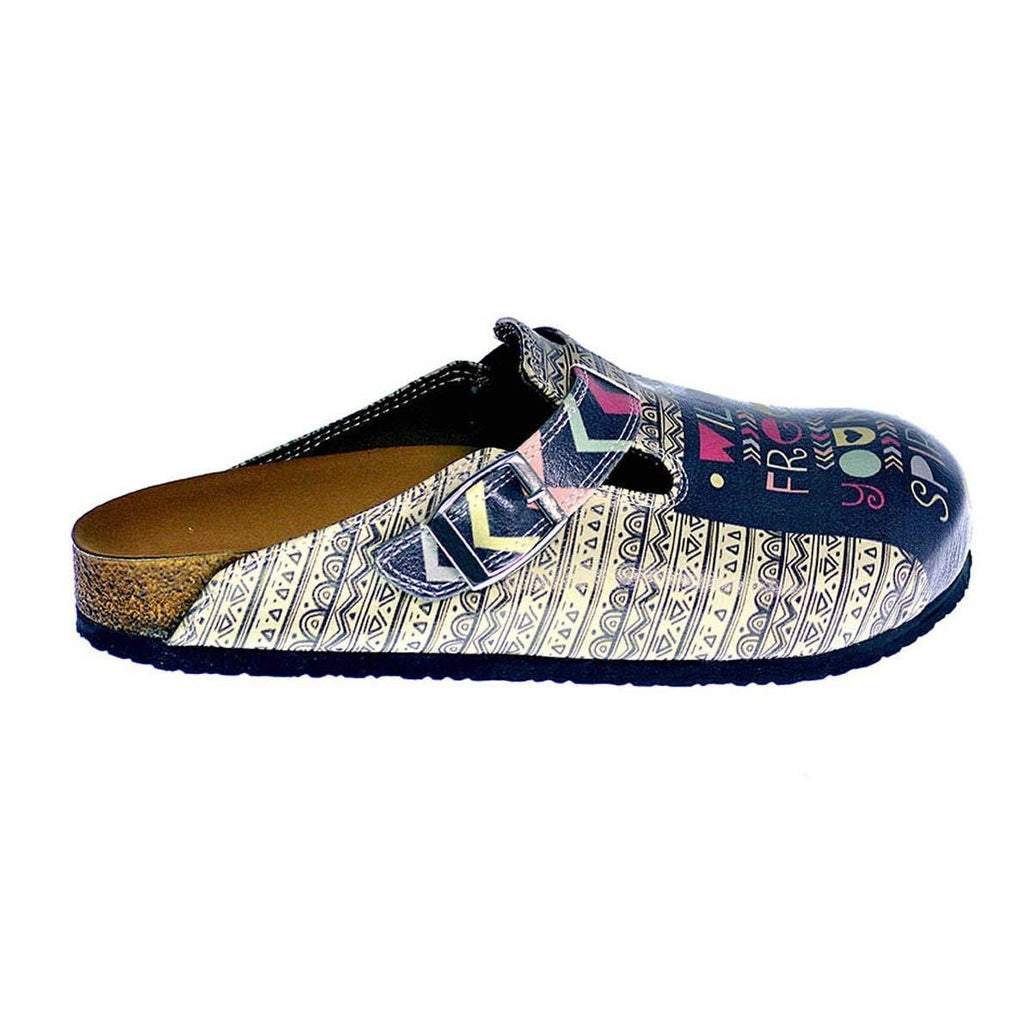 Black, White, Purple, Pink Triangle Strip and Black Shaped, Wild Free Young Spirit Written Patterned Clogs - CAL319