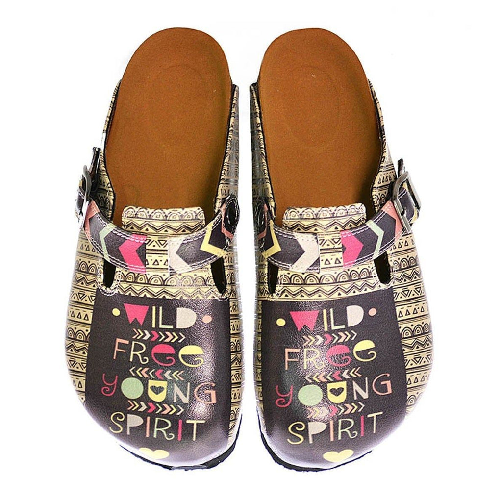 Black, White, Purple, Pink Triangle Strip and Black Shaped, Wild Free Young Spirit Written Patterned Clogs - CAL319