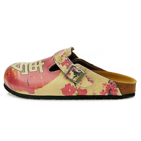 Red Flowers and Brown China Man, Red Patterned Clogs - CAL320