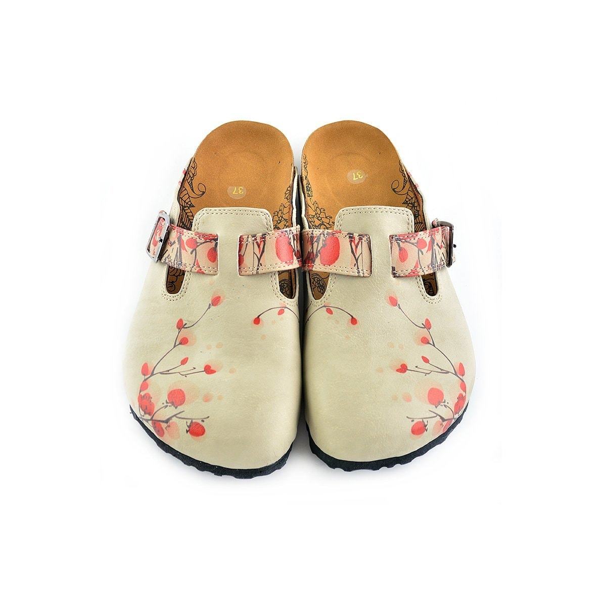 Beige Colored and Red Flowers Patterned Clogs - CAL340
