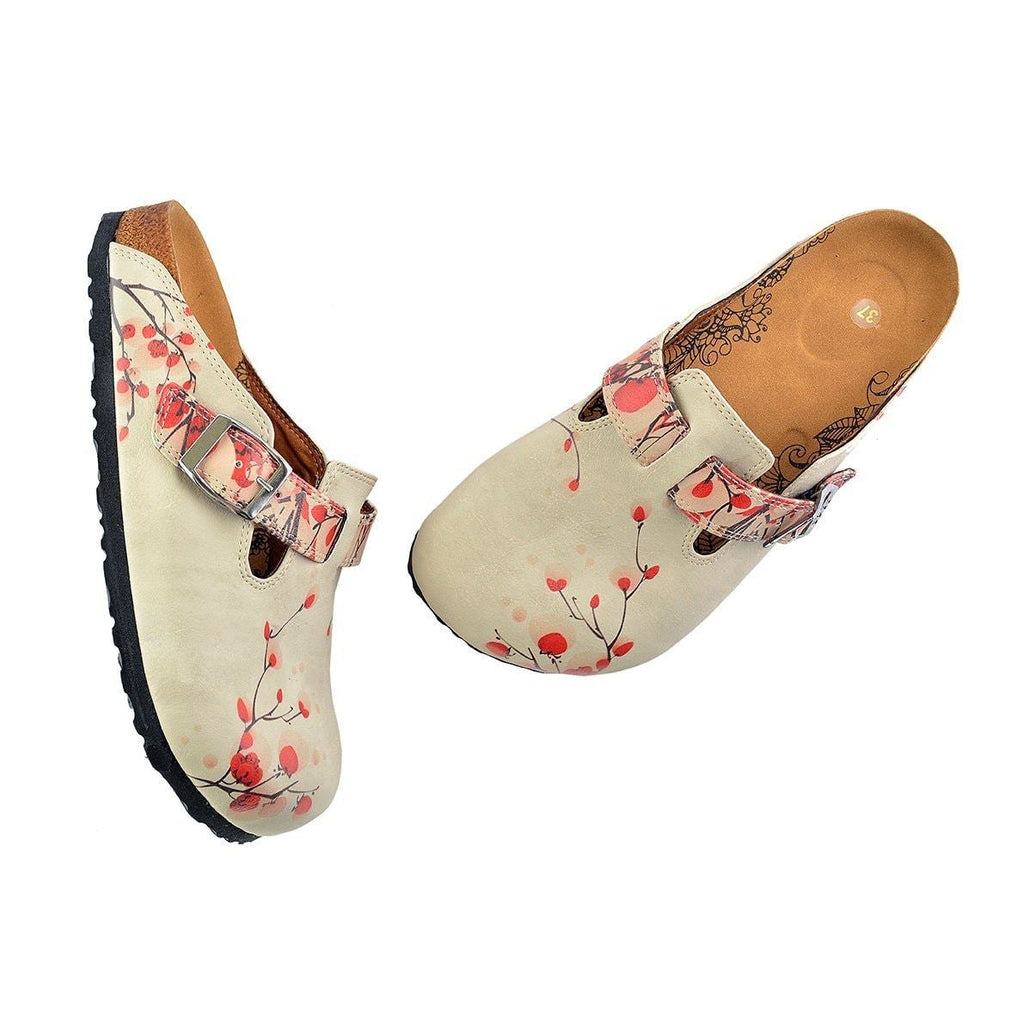 Beige Colored and Red Flowers Patterned Clogs - CAL340