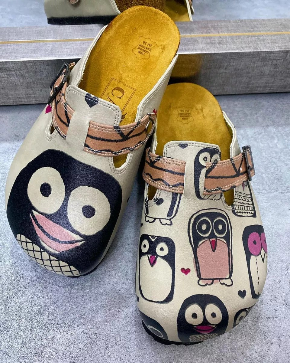 Light Pink, Black Striped and Black Cute Penguins Patterned Clogs - CAL347