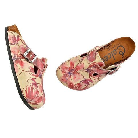 Red Colored and Flowers Patterned Clogs - CAL348