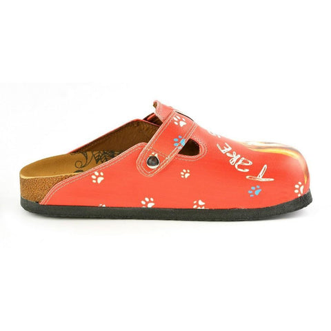 Red, White Colored and White Paw, Brown Cute Dog and Take Suppers Written Patterned Clogs - CAL349