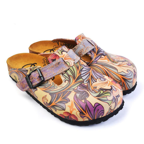 Purple, Pink, Orage Flowers and Green Leaf Patterned Clogs - CAL371