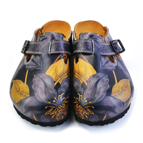 Grey, Dark Blue Flowers and Gold Leafs Patterned Clogs - CAL372