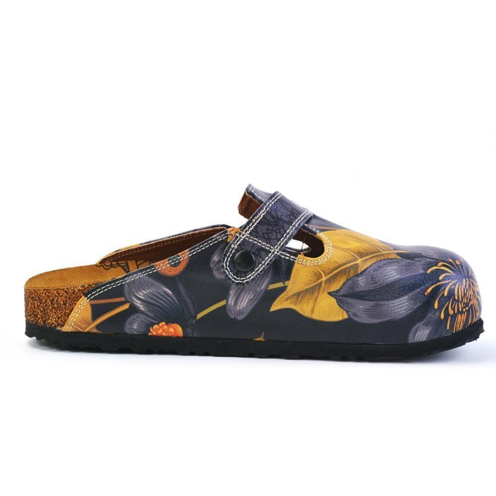 Grey, Dark Blue Flowers and Gold Leafs Patterned Clogs - CAL372