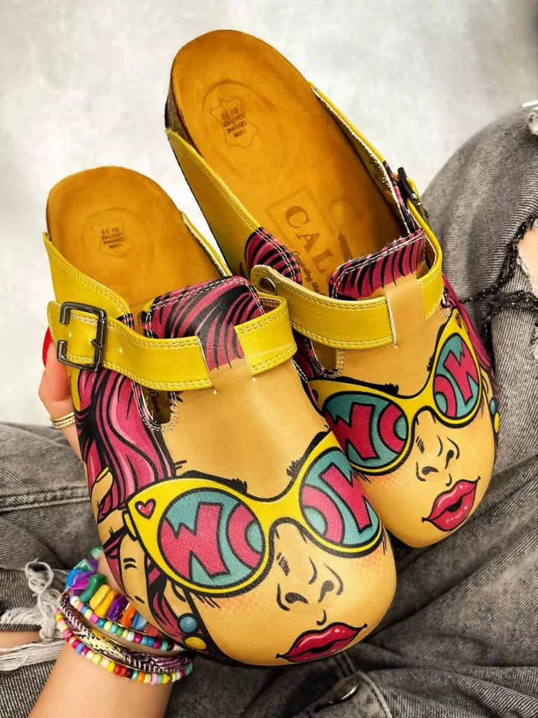 Girl With Yellow Pattern and Pink Hair, Yellow Wow Writing Glasses Girl Clogs - CAL373