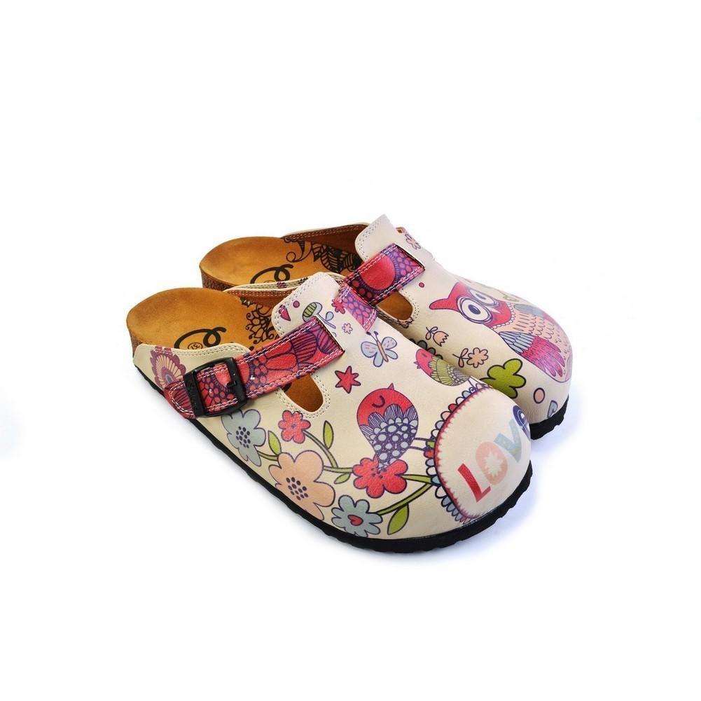 Pink, Blue, Red Flowers Pattern and Red Birds, White and Pink Love Written Owl Patterned Clogs - CAL374