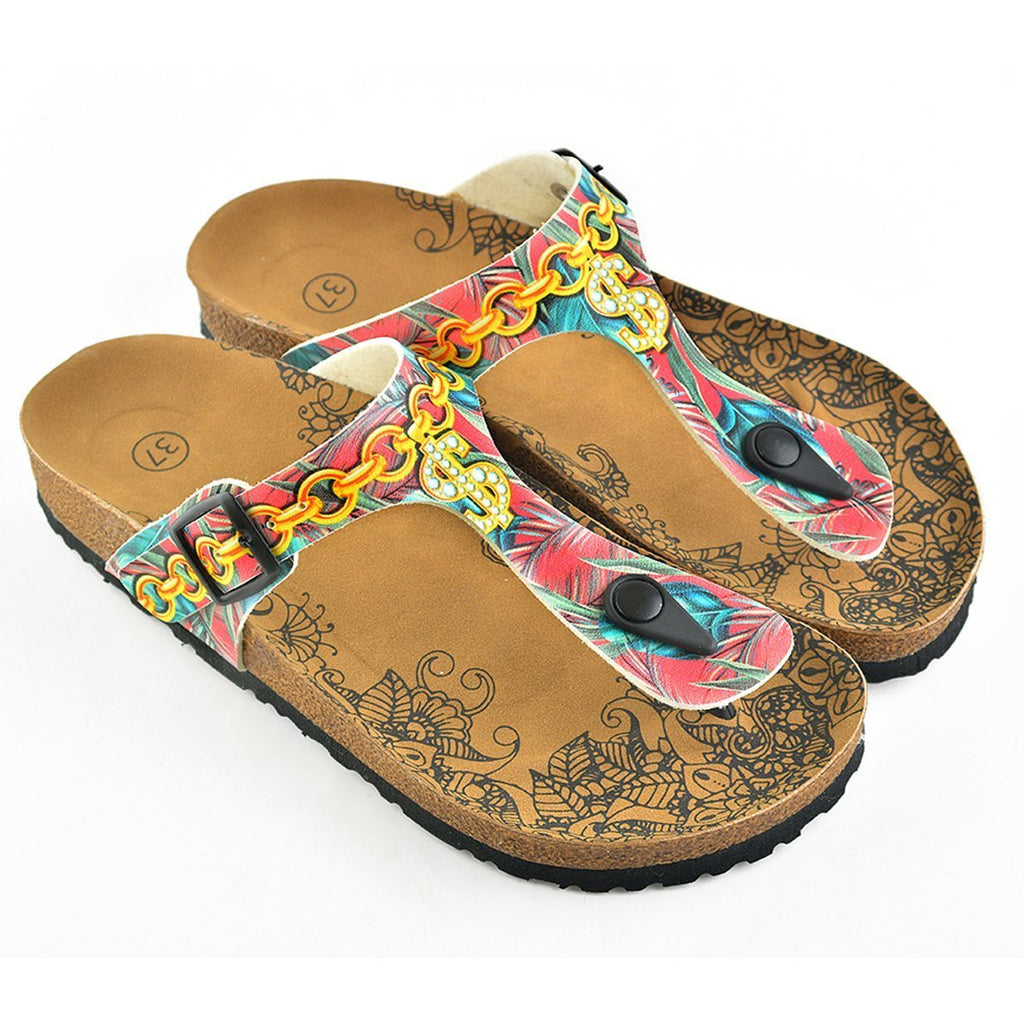 Red Colored, Green and Blue Leafed, Money Patterned Sandal CAL501