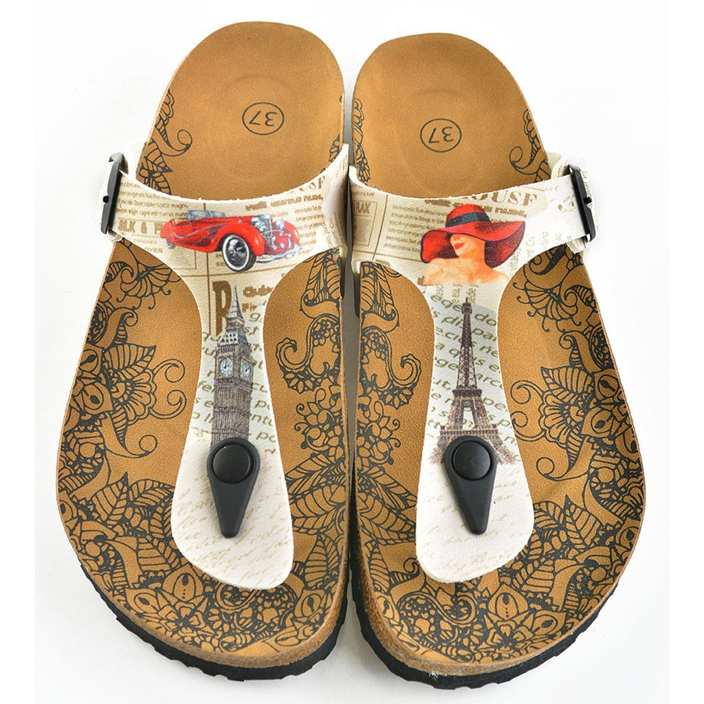 Cream Colored, Red Car and Red Hat Girl Pattern and Eiffel Towers Patterned Sandal - CAL506