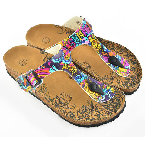 Summer Written, Purple, Colored Mixed Pattern and Yellow Sun Patterned Sandal - CAL507