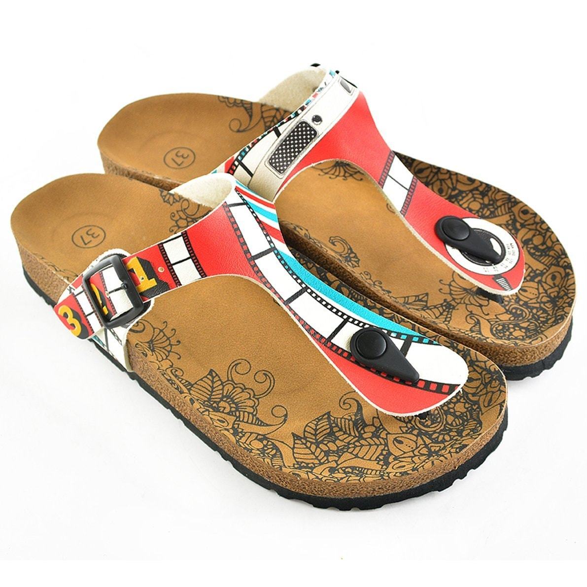 Red, Blue and White Strip and Camera Patterned Sandal - CAL509