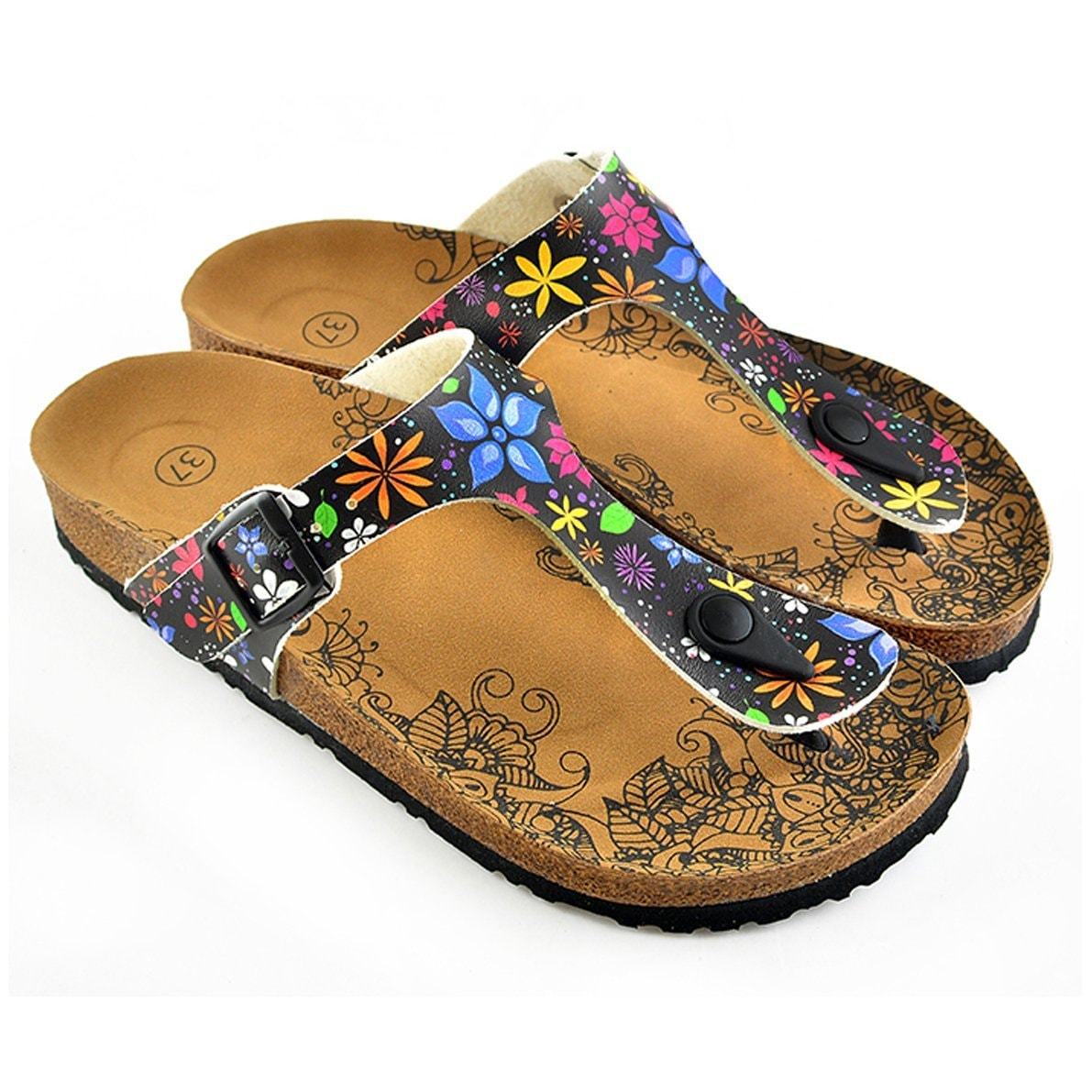 Black Colored and White Bright, Colored Flowers Patterned Sandal - CAL512