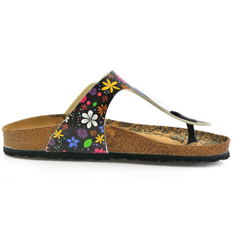 Black Colored and White Bright, Colored Flowers Patterned Sandal - CAL512
