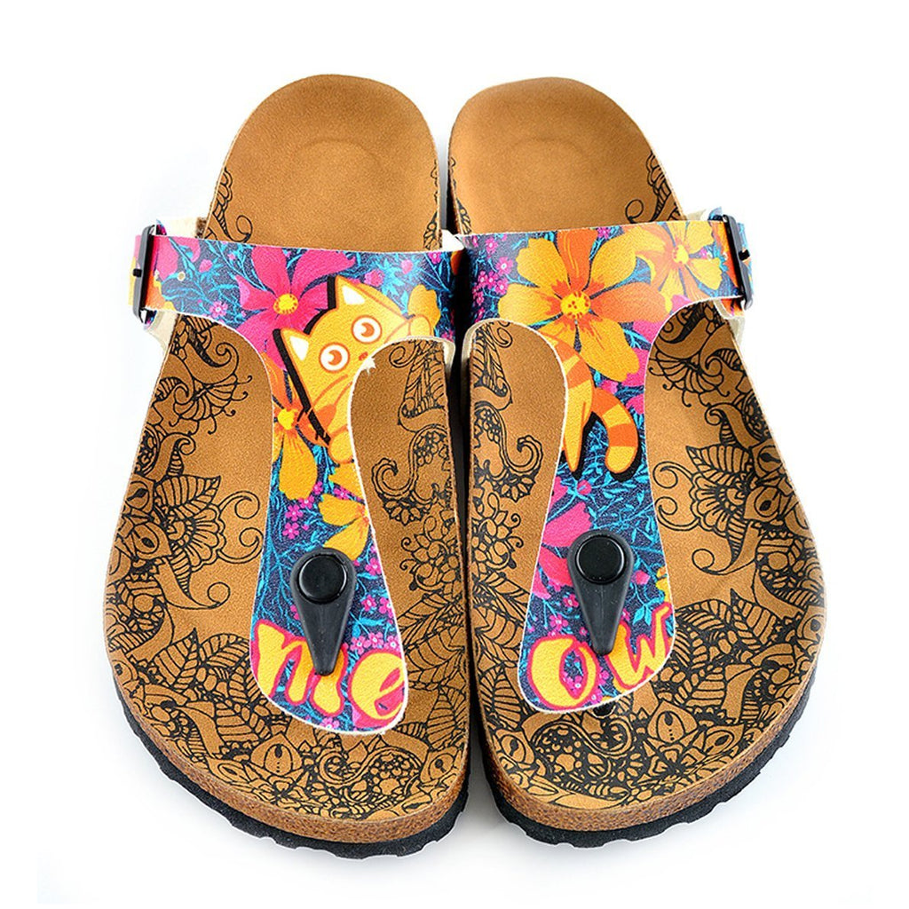 Orange, Purple Flowers Patterned and Yellow Cat, Meow Written, Patterned Sandal - CAL517