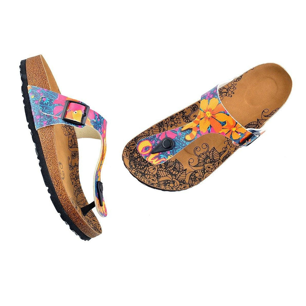 Orange, Purple Flowers Patterned and Yellow Cat, Meow Written, Patterned Sandal - CAL517