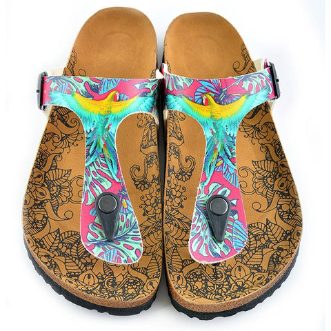 Dark Pink Colored, Green Leavs, Blue and Yellow Parrots, Patterned Sandal - CAL518