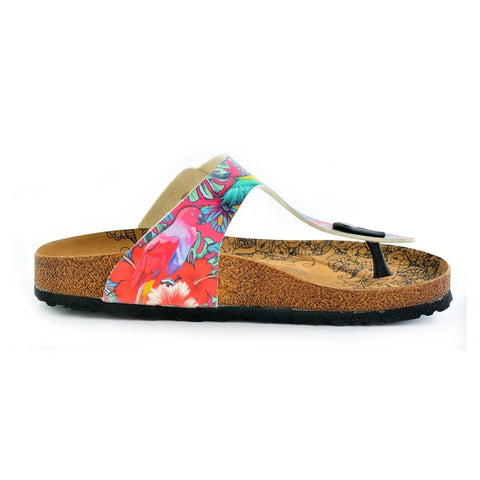 Dark Pink Colored, Green Leavs, Blue and Yellow Parrots, Patterned Sandal - CAL518