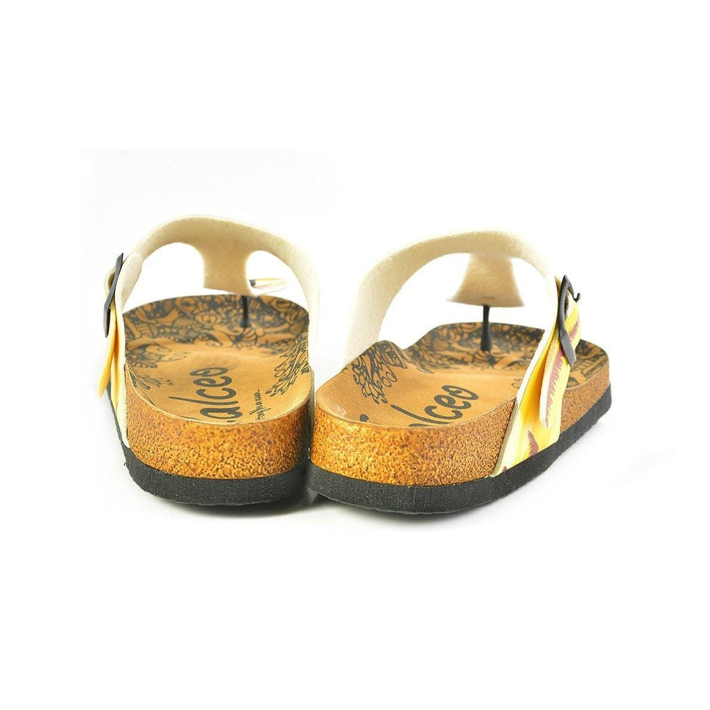 Yellow, Cream Colored Beach and Brown Tropical Leaved and I Love You Summer Written Patterned Sandal - CAL520