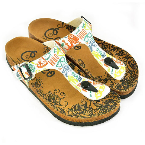 White Colored, Green, Orange, Red Patterned, Blue Sea Stared, Hello, Patterned Sandal - CAL521