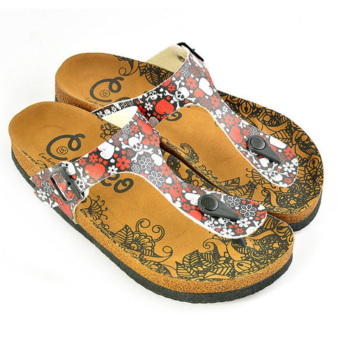 Red and White Hearts Patterned, Red Flowered and Danger Dry Skull Patterned Sandal - CAL523