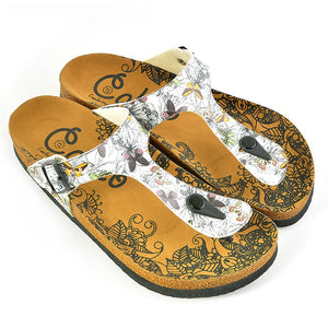 Black and White Flowers and Butterflied Patterned Sandal - CAL524