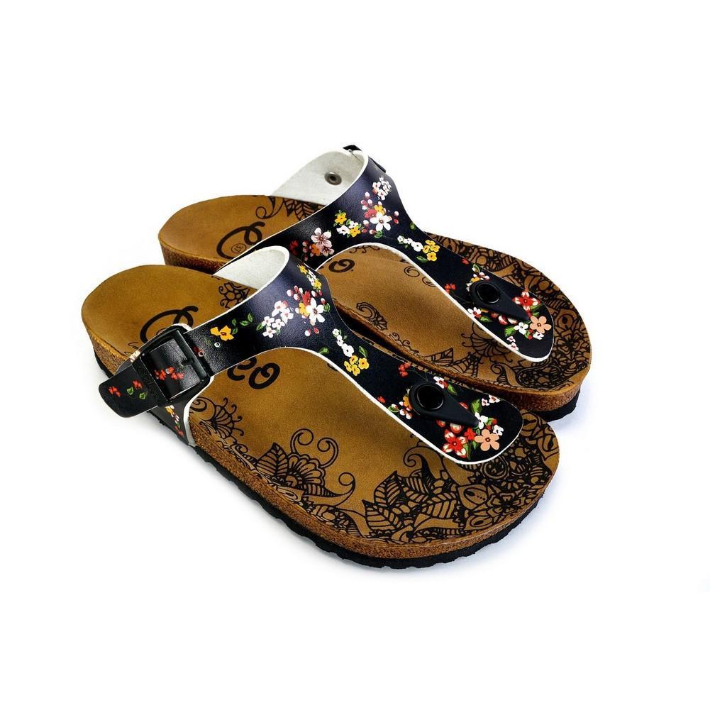 Black and Colored Flowers Patterned Sandal - CAL526