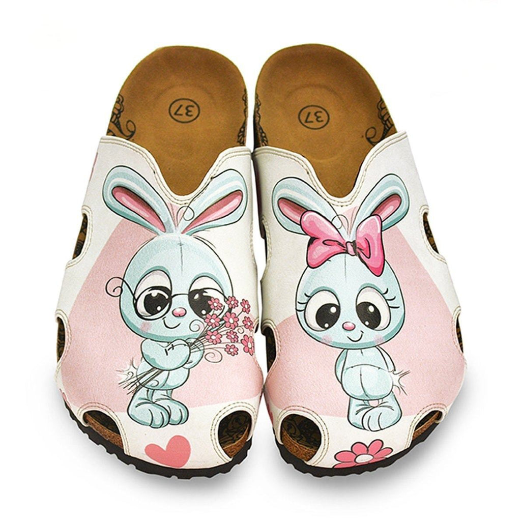 Pink and White Colored Flowers and Grey Cute Bunny Patterned Clogs - WCAL601