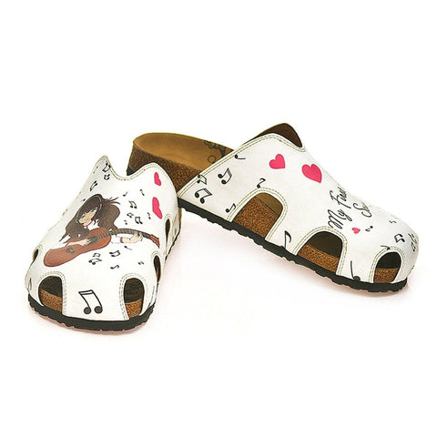 White and Red Hearted Patterned, Music Notes and Playing Guitar Girl Patterned Clogs - WCAL602