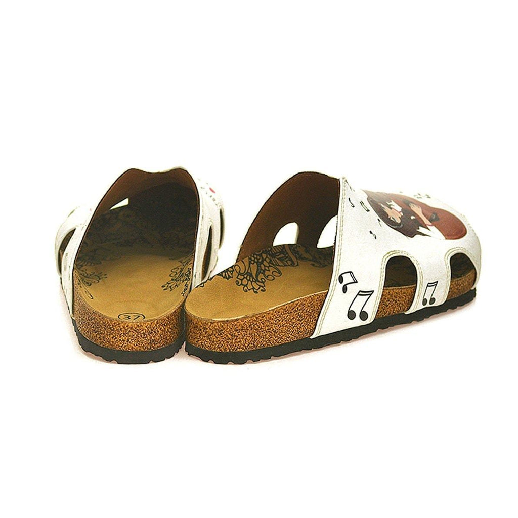White and Red Hearted Patterned, Music Notes and Playing Guitar Girl Patterned Clogs - WCAL602