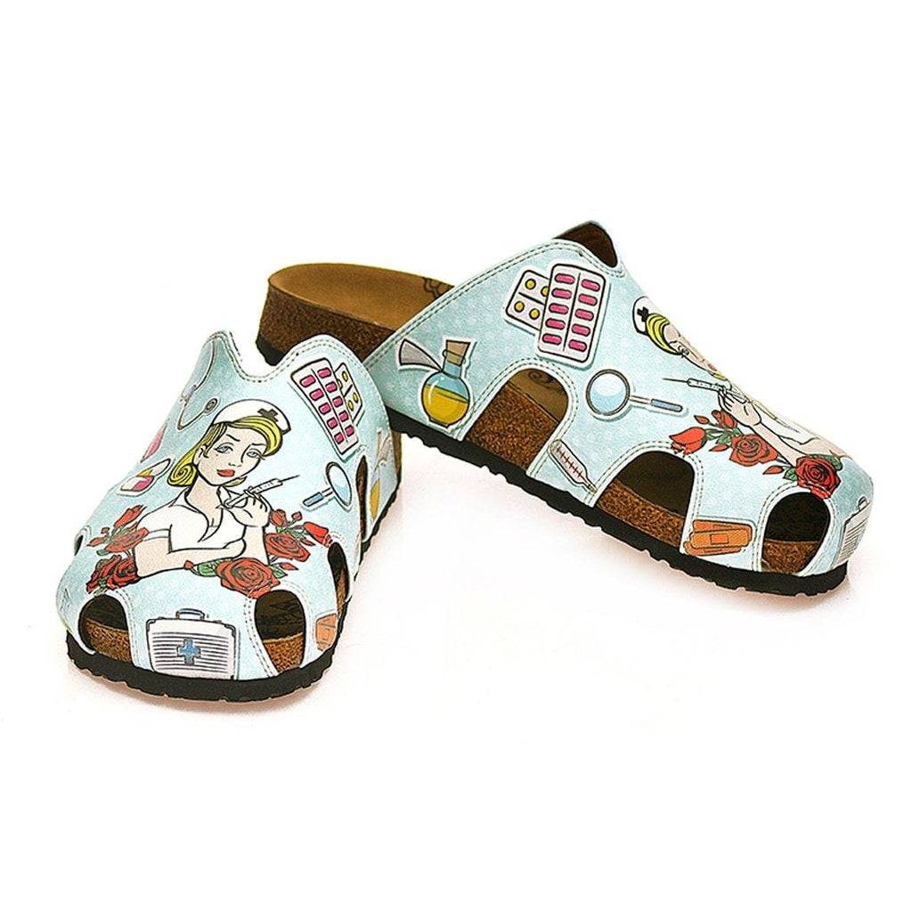 Blue and Red Colored Rose Patterned and Nurse Girl Patterned Clogs - WCAL603