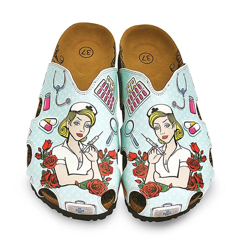Blue and Red Colored Rose Patterned and Nurse Girl Patterned Clogs - WCAL603