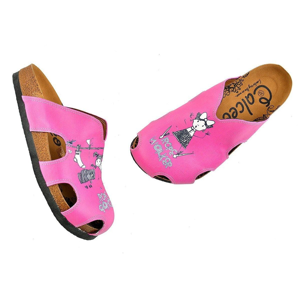 Pink Colored and Rope Dancer Written Black and White Colored Play Dancing Girl Patterned Clogs - WCAL607
